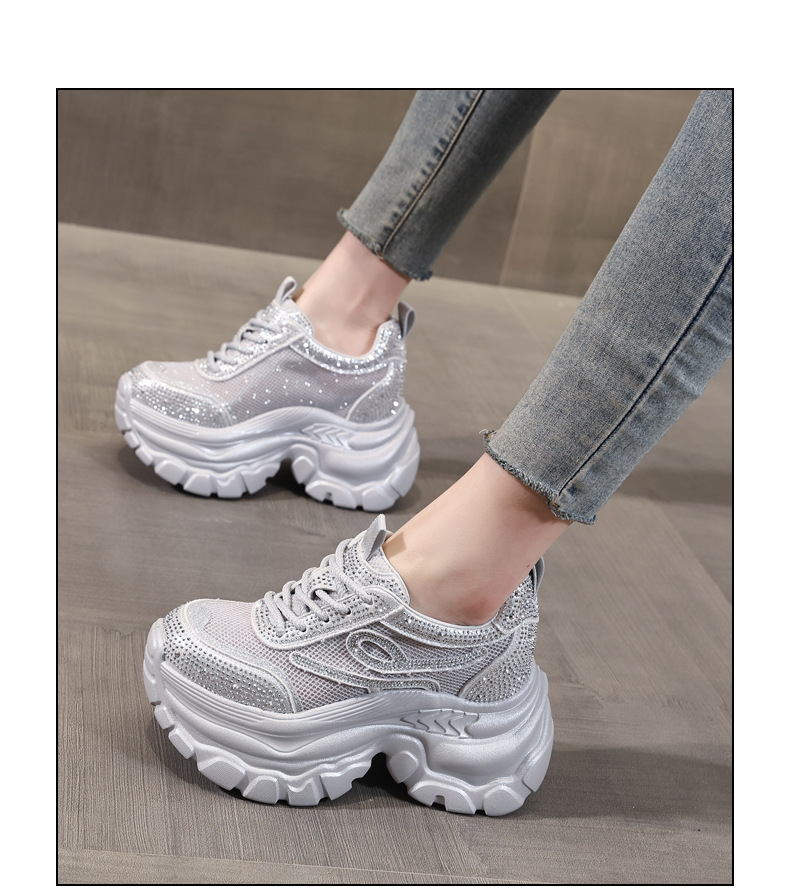 Giày sneaker chunky nữ đế dày mặt lưới đính đá tăng chiều cao — Màu đen chi tiết 14