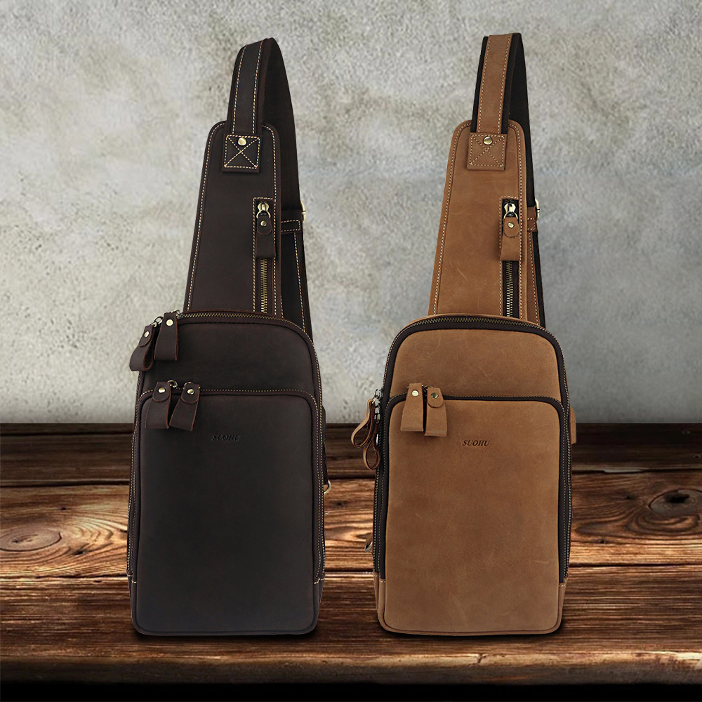 Soho Genuine Single Crossbody Vintage Crazy Horse Leather USB Charging Shoulder Bag, Men's Trendy Chest Bag_voghion.com
