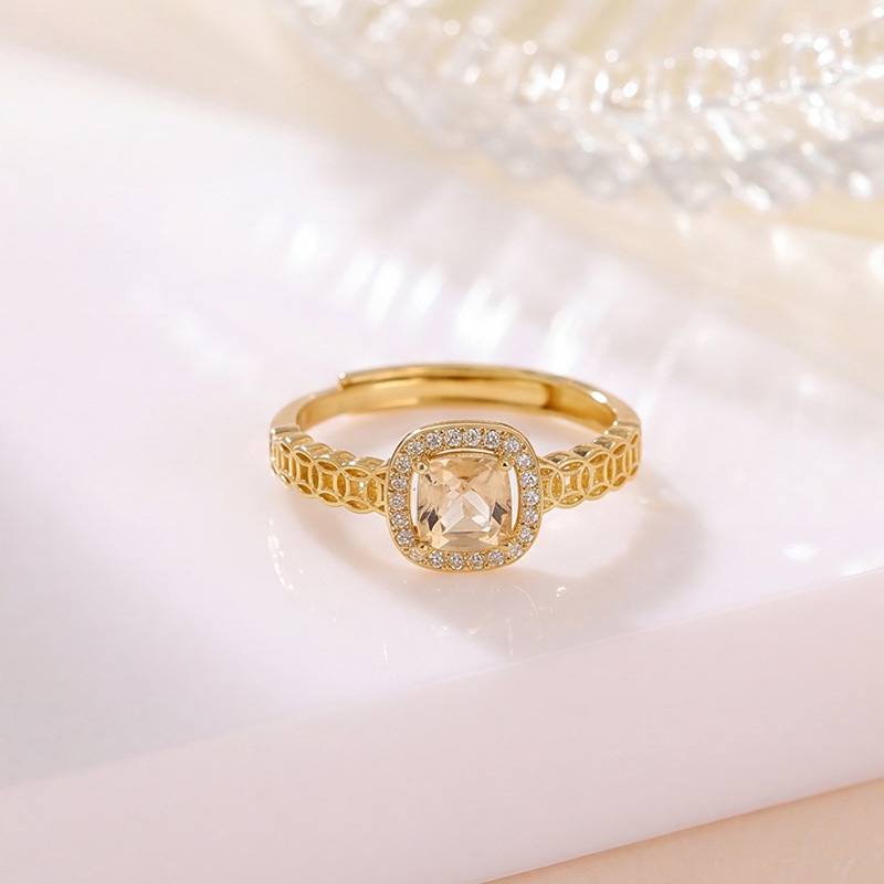 Nhẫn nữ bạc S925 mạ vàng đính đá cubic zirconia hình vuông mặt xu, kiểu mở điều chỉnh — Loại bạc