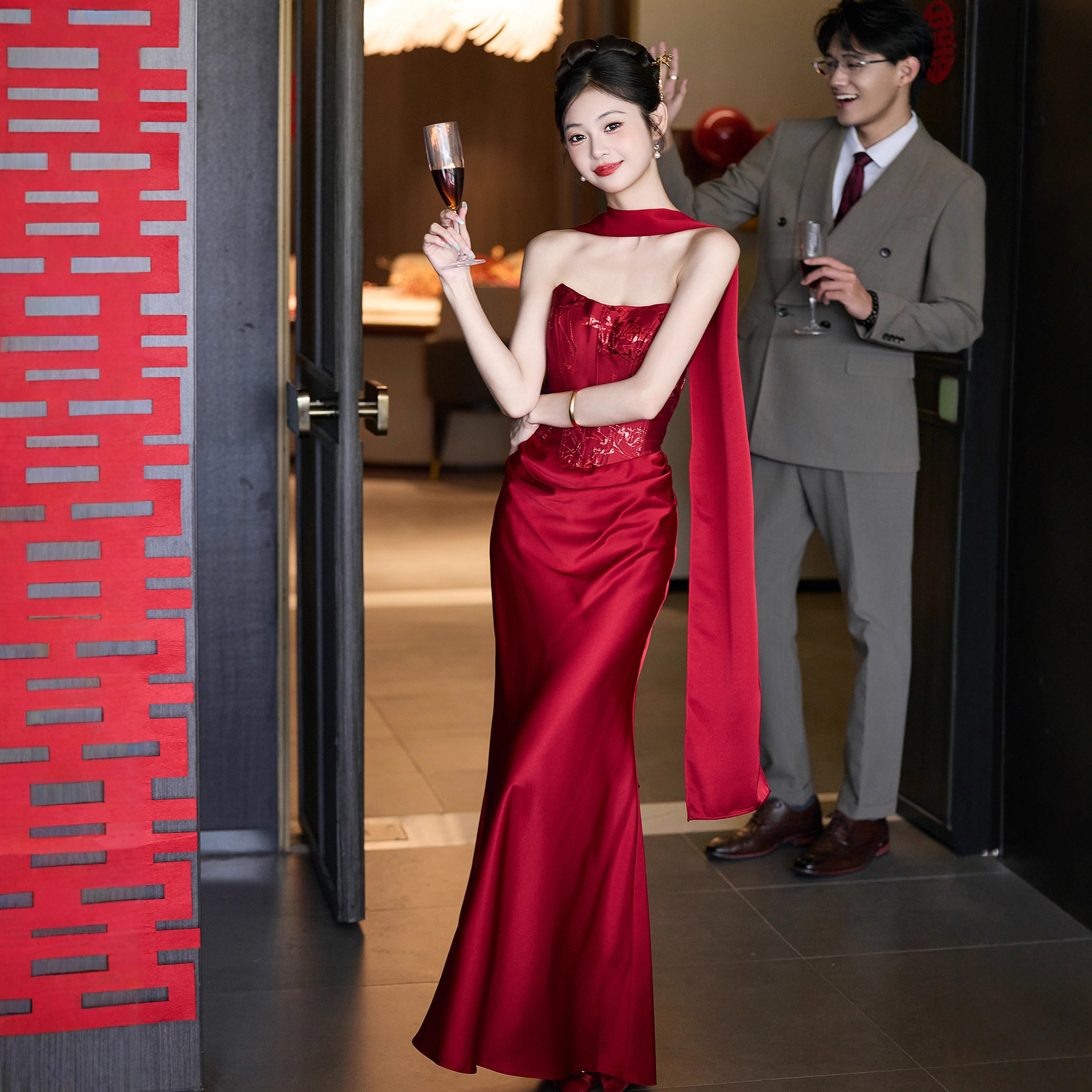 Red Toast Dress for Bride 2026 New Engagement Dress Wedding Morning Gown Strapless Fishtail Evening Dress