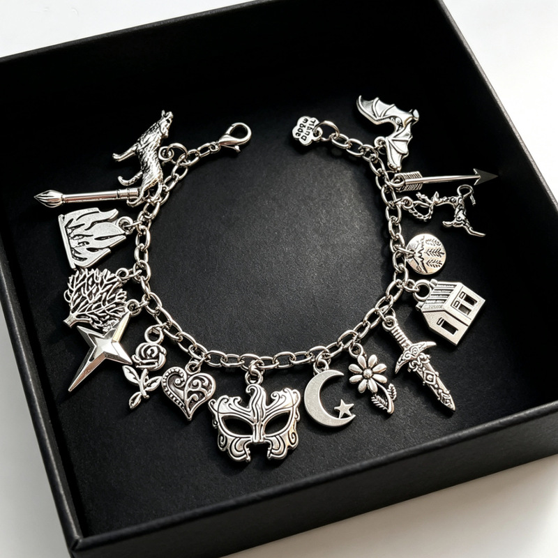 Punk retro multi-pendant charm bracelet with wolf, bow, arrow, mask, star, moon, and flower elements, multi-element combination silver women's bracelet Punk retro multi-pendant charm bracelet with wolf, bow, arrow, mask, star, moon, and flower elements, multi-element combination silver women's bracelet