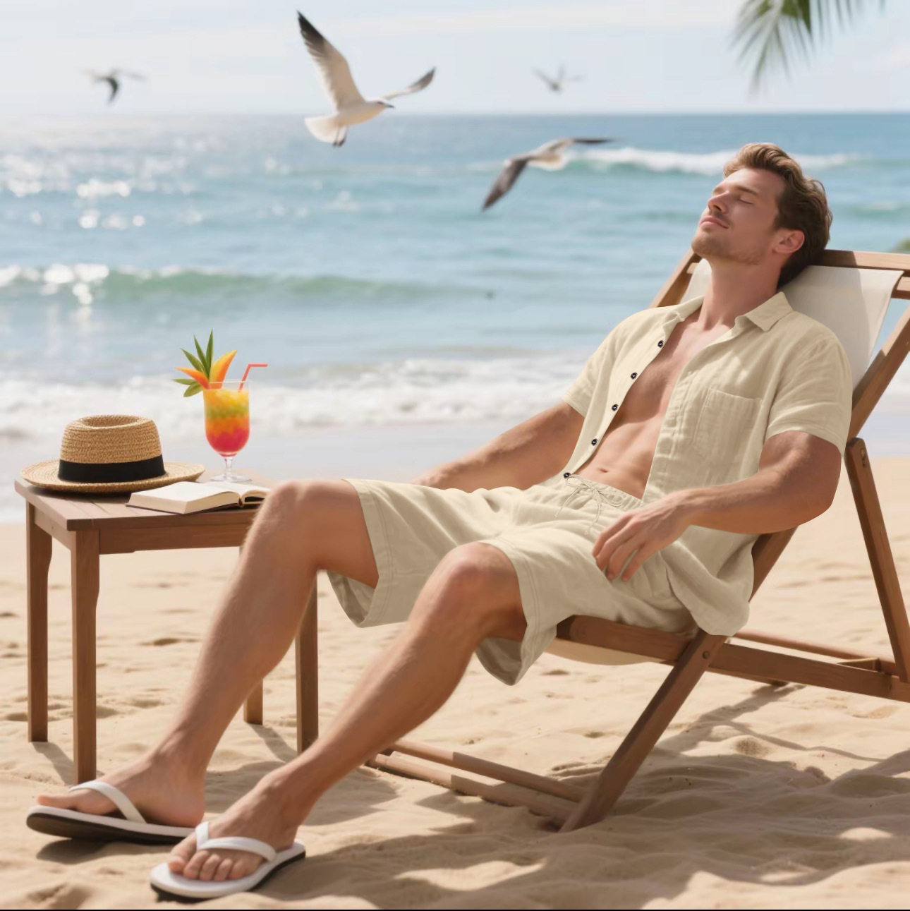 Herren Leinenhemd Mit Shorts Set Sommer Freizeit Strandoutfit_voghion.com