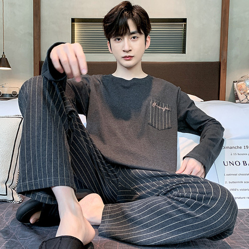Men's Spring and Autumn New Long-Sleeve Long-Pant Two-Piece Set, Loose Plus Size Fall Pajamas with Round Neck, Wearable Outside Home Clothes