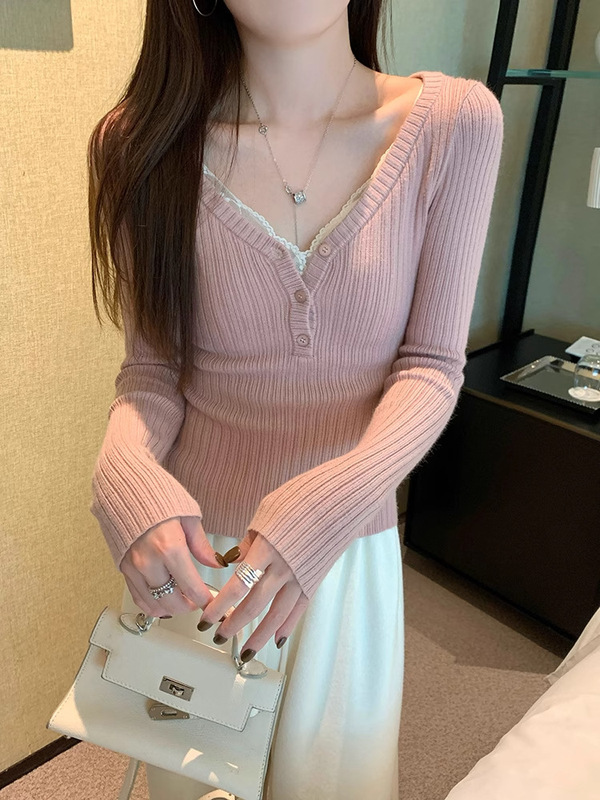2025春季辣妹别致坑条显瘦打底上衣女早春低领露锁骨内搭针织毛衣|undefined