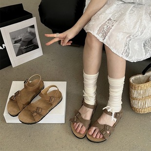 Thick-Soled Retro Open-Toe Sandals for Women 2025 Summer New Birkenstock Flats Cross Buckle Strap Versatile Roman Shoes
