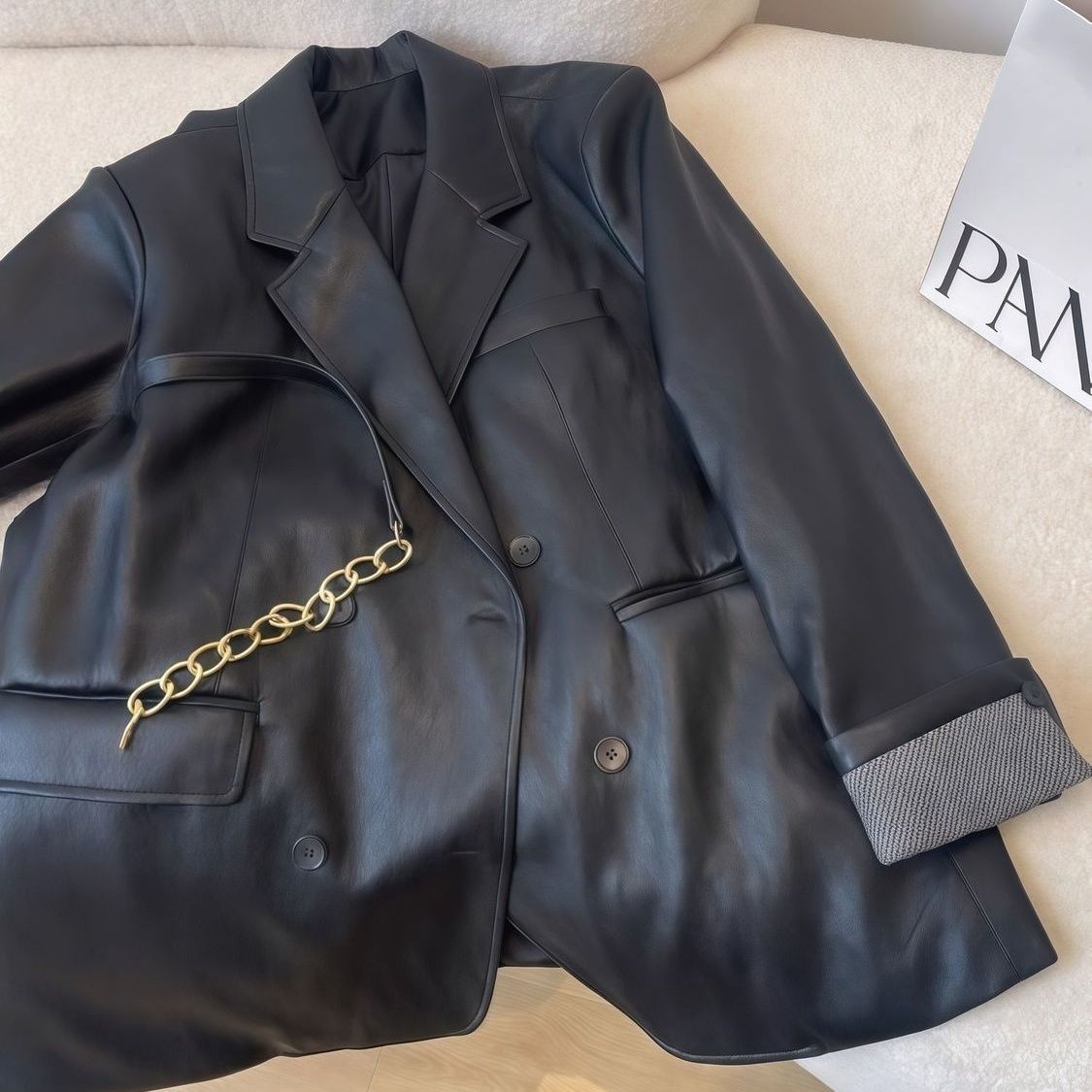 Black Leather Suit Jacket for Women Autumn and Winter New Style Korean Style Loose Jacket Top for Small People