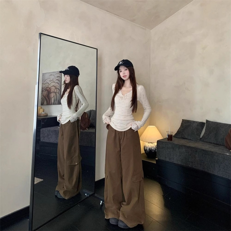 杏色蕾丝花边v领长袖针织衫女早秋蝴蝶结打底衫内搭别致绝美上衣|undefined