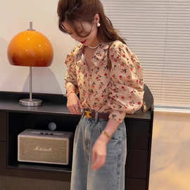港风复古长袖衬衫女春装女2024新款宽松碎花泡泡袖上衣设计感小众