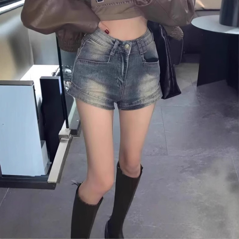 American Retro Hot Girl High-Waisted Denim Shorts Summer New Large Size Distressed Long Legs Versatile Slim Hot Pants