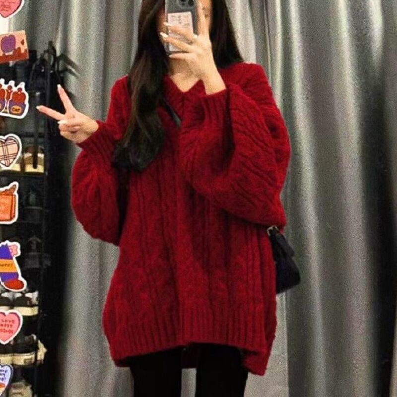 Autumn Versatile Lazy Style V-Neck Cable Knit Sweater Gentle Korean Version Top Soft Thick Winter Knitwear