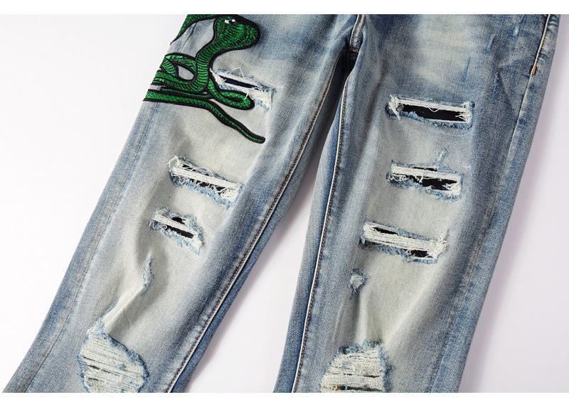 boy European And American High Street Fashion Ripped Jeans Vintage Washed Snake Embroidery Patch Hip Hop Skinny Pants Men's_viptrois.com