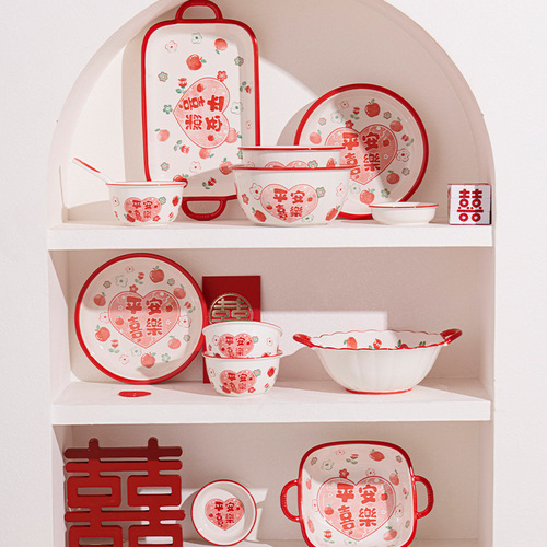 Good-looking housewarming, wedding and happy words wholesale plates, bowls and plate combinations, household dishes sets, household ceramic tableware