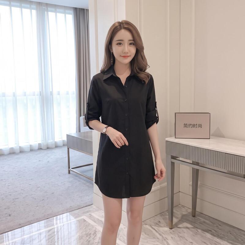 Black women's shirt, boyfriend style, mid-length, loose, long-sleeved, sun-protective cardigan, Korean version, sexy sleepwear, outerwear shirt dress