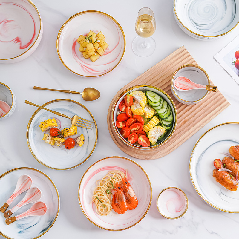 Tazón plato traje nórdico personalidad creativa Internet celebridad borde dorado marbling vajilla de cerámica hogar arroz plato sopa combinación
