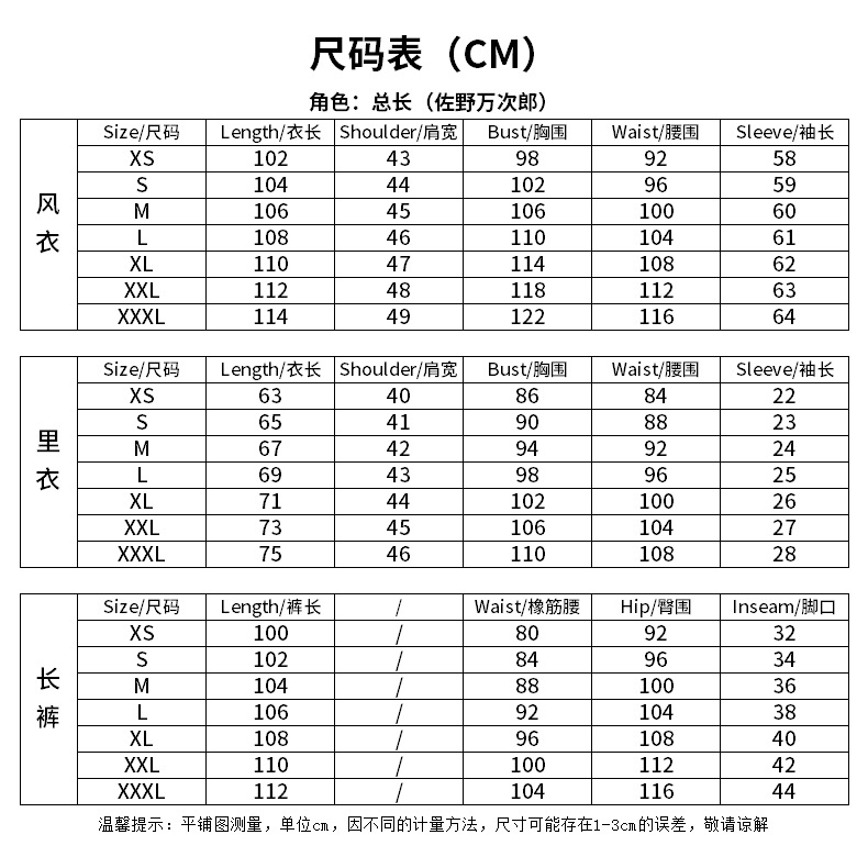 總長尺碼表