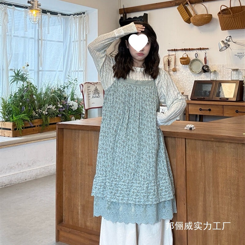 Forest-Style Retro Outfit for Women, Lace Floral Suspender Dress Layered with Long-Sleeved Shirt, Stylish Design, Complete Summer Set for Women