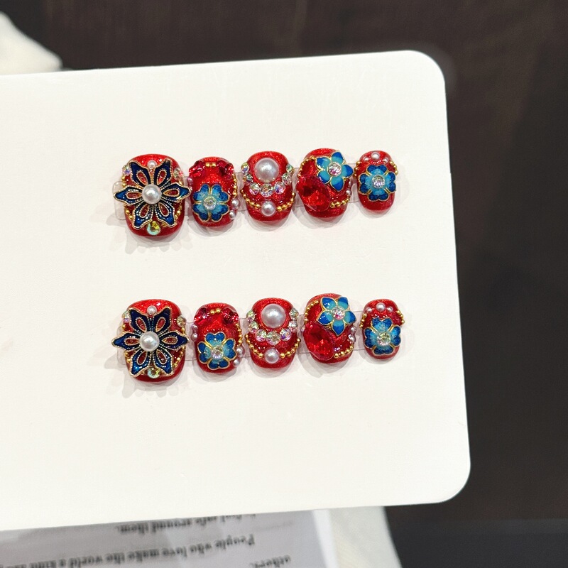Yihe Original [Red Makeup and Blue Rhythm] Red Bottom Blue Flower Pearl Diamond Ornament Wearable Nail Art Pieces with National Style Gorgeous and Exquisite Manicure Pieces