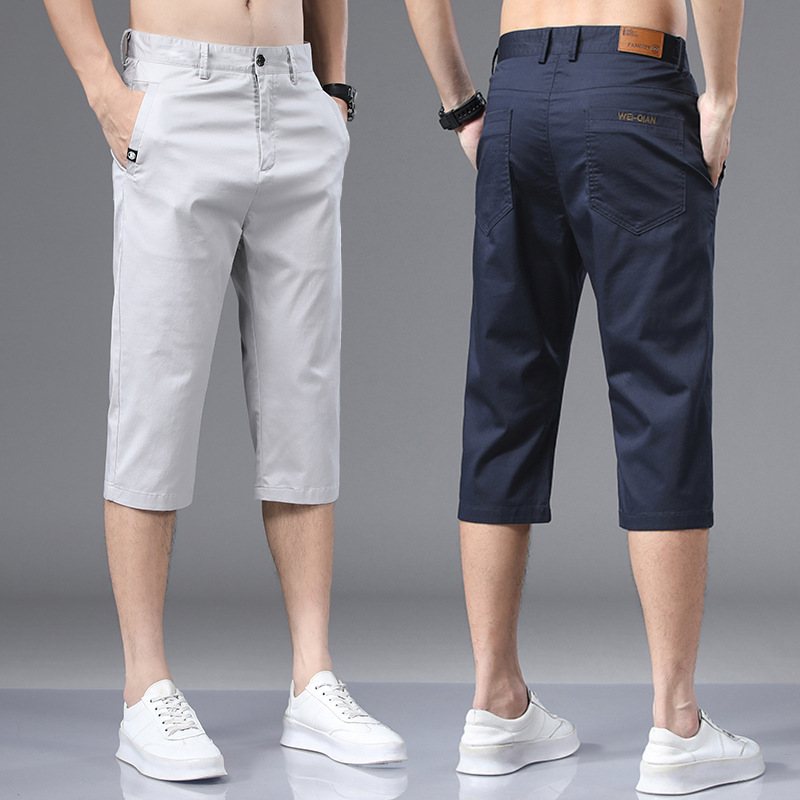 Cropped casual pants men's 2024 Summer thin straight loose men's pants trendy stretch sports over-the-knee shorts