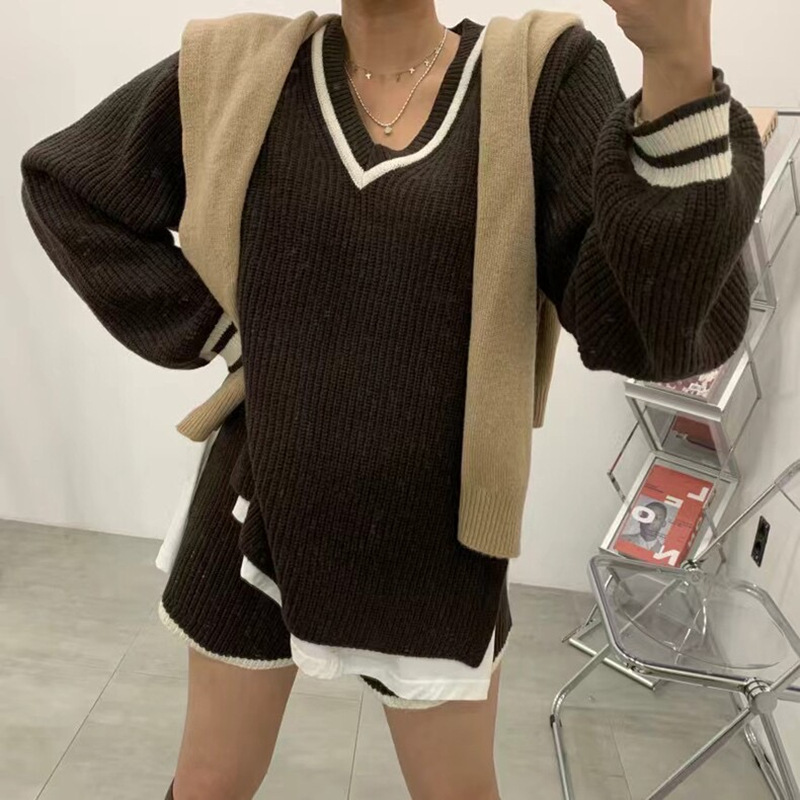 Coreano chic otoño invierno temperamento retro cuello en V suéter de punto de manga larga suelto + traje de pantalones cortos casuales de cintura alta