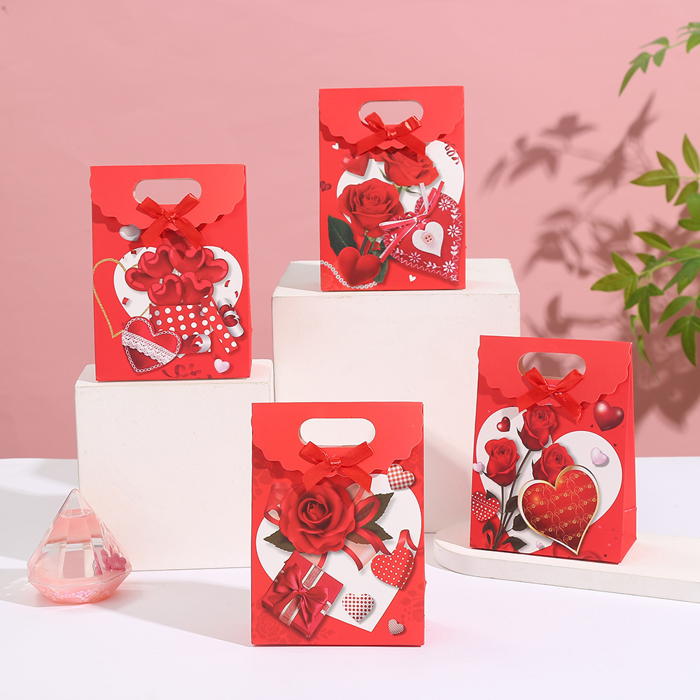 情人节礼品袋玫瑰花彩色印刷翻盖手提袋情侣纪念日礼物包装袋