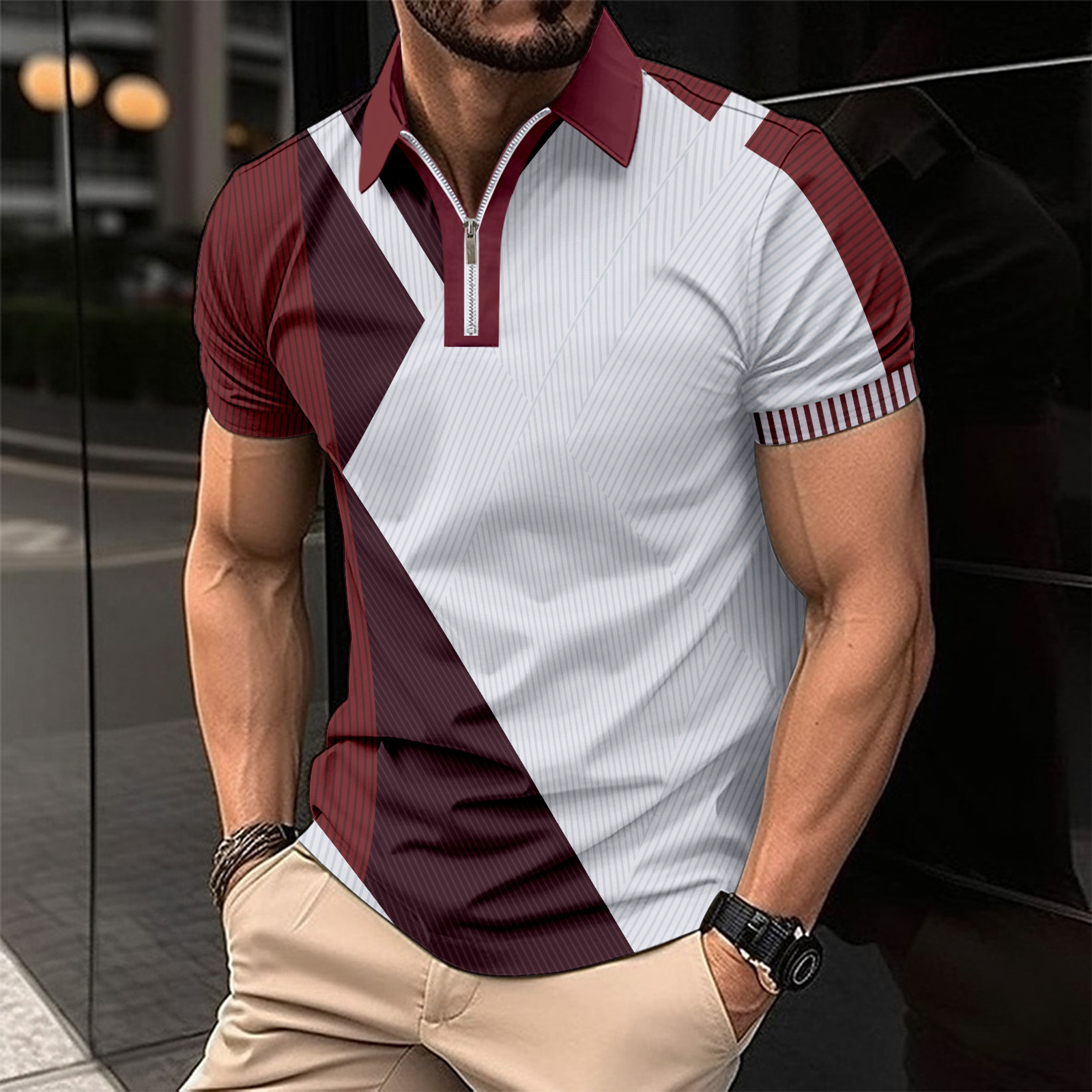 2024 Summer New Men's Casual Short sleeved Flip Collar Zipper POLO Shirt_voghion.com