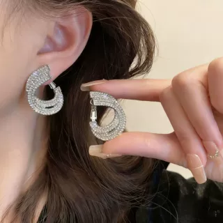 精致轻奢锆石双层圆圈耳钉小众设计感C形满钻 百搭耳环女耳饰新款