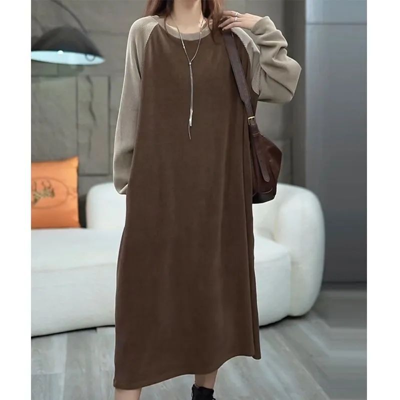 Maillard Dress Spring and Autumn New Large Size Slightly Fat Elegant Covering Flesh and Belly Loose Age-Reducing Knee-Length Long Skirt