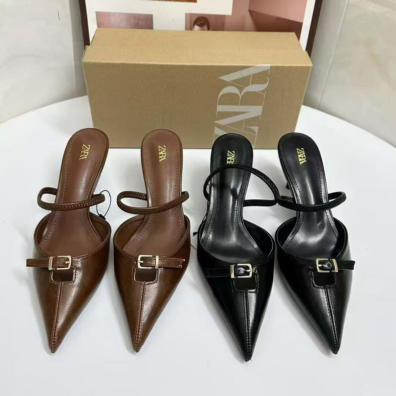 Za2025 Autum New Product Shallow Hollow Fashion High Heel Pointed Toe Black Brown Buckle Style Muller Fashion Women's Sandals