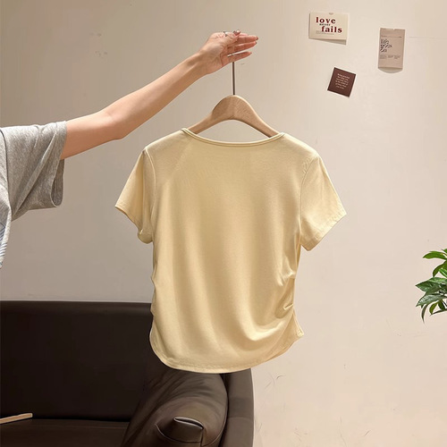 2025 Summer New Short Sleeve Top Modal V-Neck Double-Side Pleated Slimming High-End T-Shirt for Women Fashion