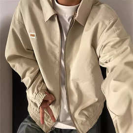 卡其色美式复古双面穿短款外套男春秋款格子翻领夹克高级感棒球服