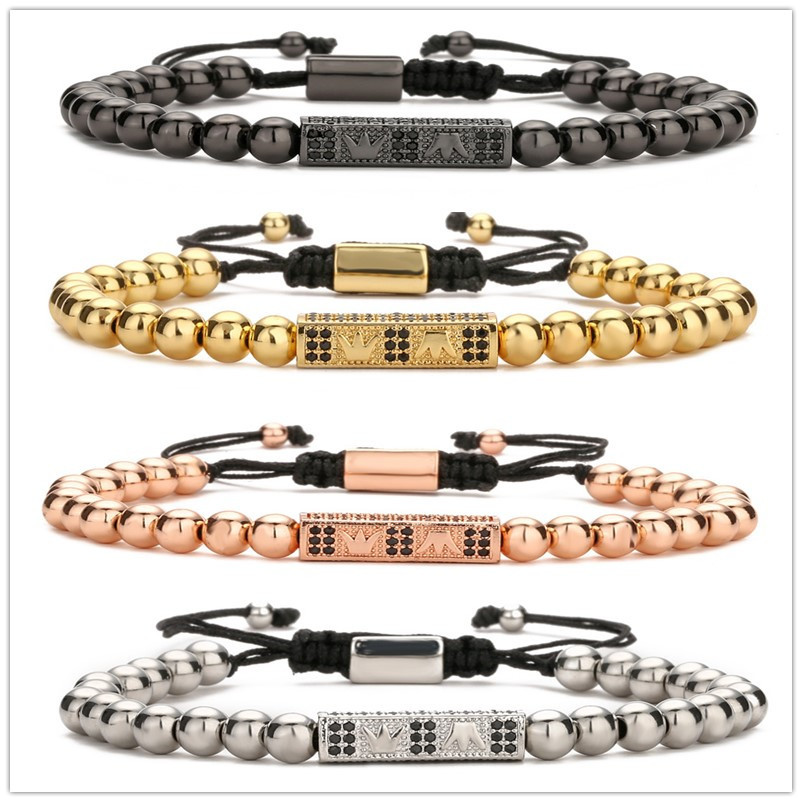 Europeo y americano nuevo encanto corona rectangular pulsera de los hombres negro denso con incrustaciones de circón tejido oro bola de acero pulsera Cruz