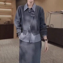 大码时尚显瘦套装裙女胖春秋宽松假两件衬衫领卫衣半身裙两件套