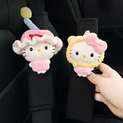 Sürətlər qutusu və əl tormozu başlıqları seatbelt shoulder pad, child anti-neck-strangling - pink-chick-hat-with-white-edges-pink-yellow-bear-hat-with-white-fur-and-beaded-eyes-black-shoulder-pads-2hand-sewn