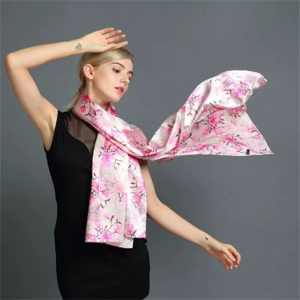 Spring and Autumn Long Double-sided Printed Long Scarf Women's Silk Scarf Chinese-style Satin Large Shawl Autumn and Winter