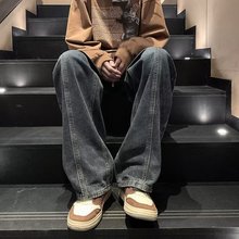 复古做旧直筒牛仔裤男士痞帅宽松休闲潮流简约青少年阔腿长裤百搭