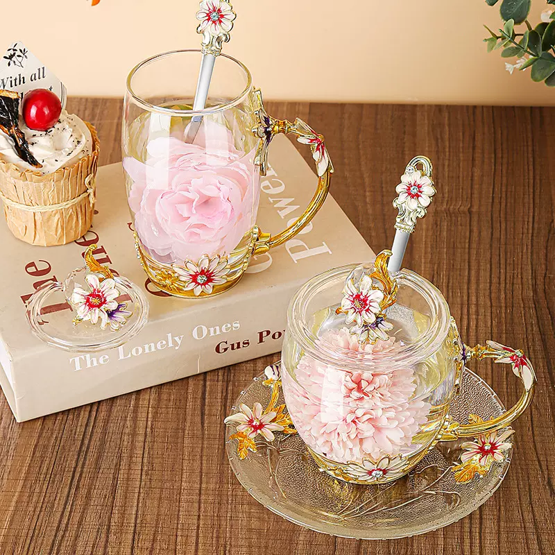 雏菊珐琅彩花茶杯耐热水晶玻璃水杯家用办公节庆送礼精美礼盒批发