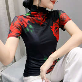 工厂直销欧货女装2022秋冬时尚洋气短袖高领网纱T恤女定位花上衣