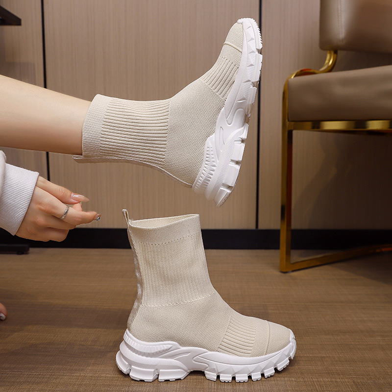 Wiosenne nowe dzianinowe krótkie buty z grubej podeszwy, uniwersalne, elastyczne skarpetki, buty sportowe z grubej podeszwy, dzianinowe, codzienne buty damskie_voghion.com