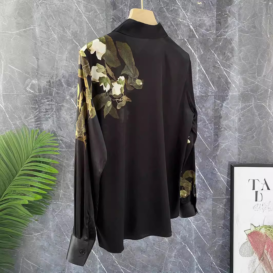 Women's Clothing Retro black printed silk top mulberry silk long sleeve shirt_ipsvogv.com