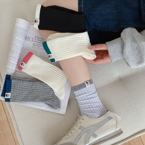 MEKKI Women's Japanese Double-Needle Striped Fabric Label Medium Calf Socks Korean Summer Thin Women's Socks Versatile Bunch Socks