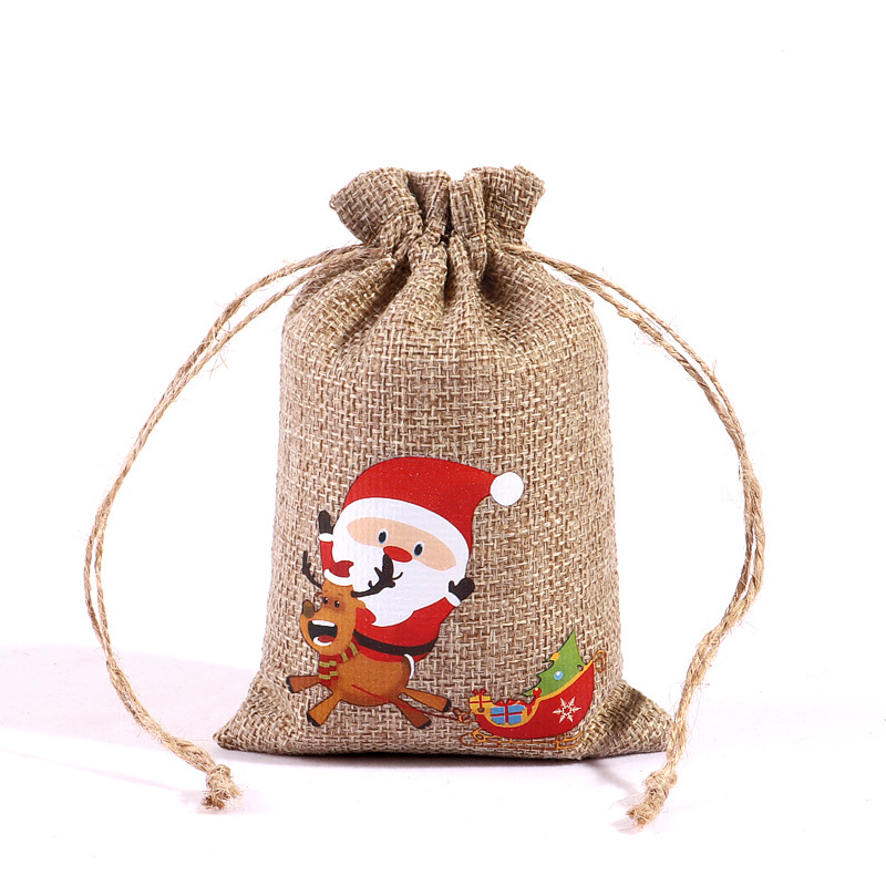 Bolsa de regalo de lino de Navidad al por mayor decoración de la fiesta de Navidad pequeña bolsa de tela cordón bolsa de tela de cáñamo ventas directas de fábrica