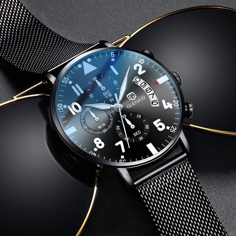 Đồng hồ nam quartz mặt tròn dây da chống nước — Vỏ đen mặt đen Thắt lưng đen, Vỏ đen mặt đen đai lưới đen, Thắt lưng đen mặt đen vỏ vàng, Vỏ vàng mặt đen đai lưới đen