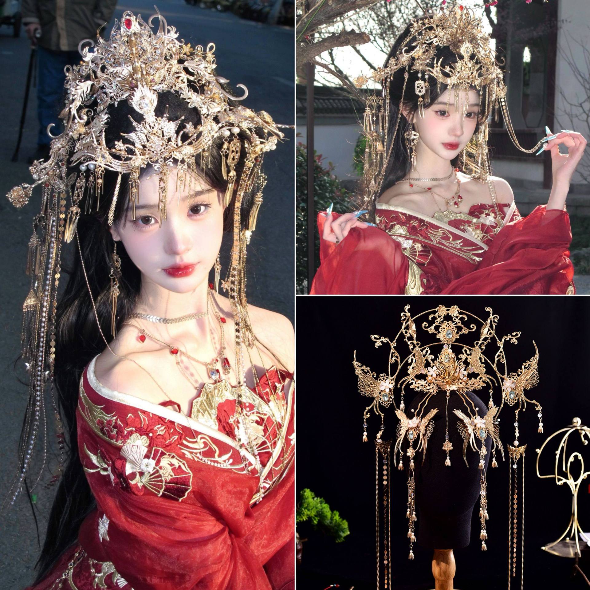 [Princess Huazheng] Warring States Period Princess Forehead Crown Accessory Set - Original Ancient Style Golden Butterfly Tassel Gemstone Hair Crown