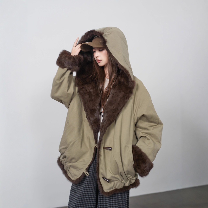 Double-Sided Rider | Heavyweight Reversible Rabbit Fur Parka with Hooded Design, Two-Way Wear Coat for Women