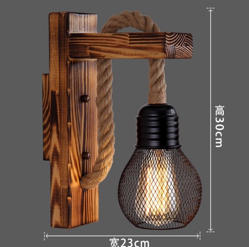 Fire-burning wood (with mesh lampshade) hemp rope wall lamp