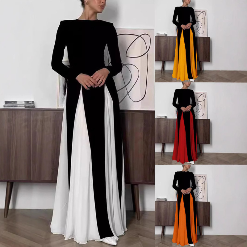 Evening Party Women's Evening Dress Tight-Fitting A-Line Large Skirt Spliced Long-Sleeved Round-Neck Dress Long-Sleeved Evening Dress