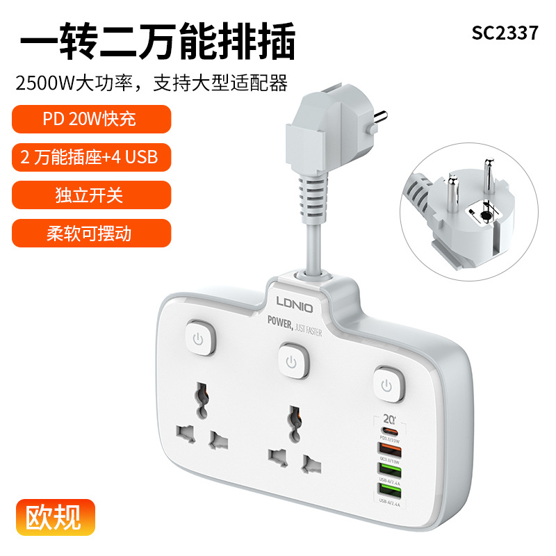 Regleta de enchufes LDNIO con cable corto, enchufe estándar europeo y americano, panel de enchufes tipo C, regleta de enchufes múltiples con carga rápida