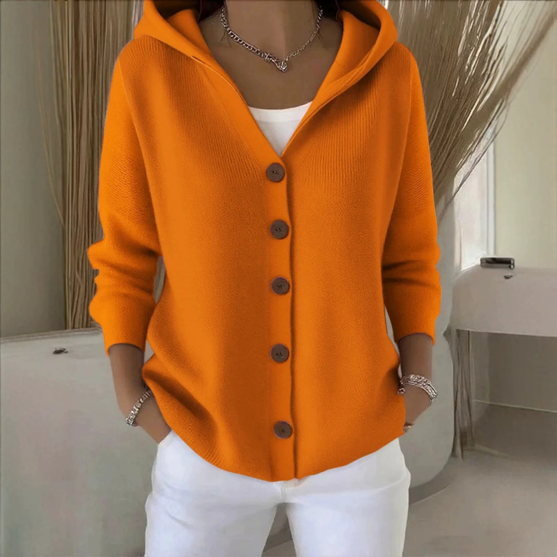 European and American autumn pure cotton hooded knitted cardigan for women, single-breasted, loose fit with pockets, casual style, long-sleeved pure cotton European and American autumn pure cotton hooded knitted cardigan for women, single-breasted, loose fit with pockets, casual style, long-sleeved pure cotton