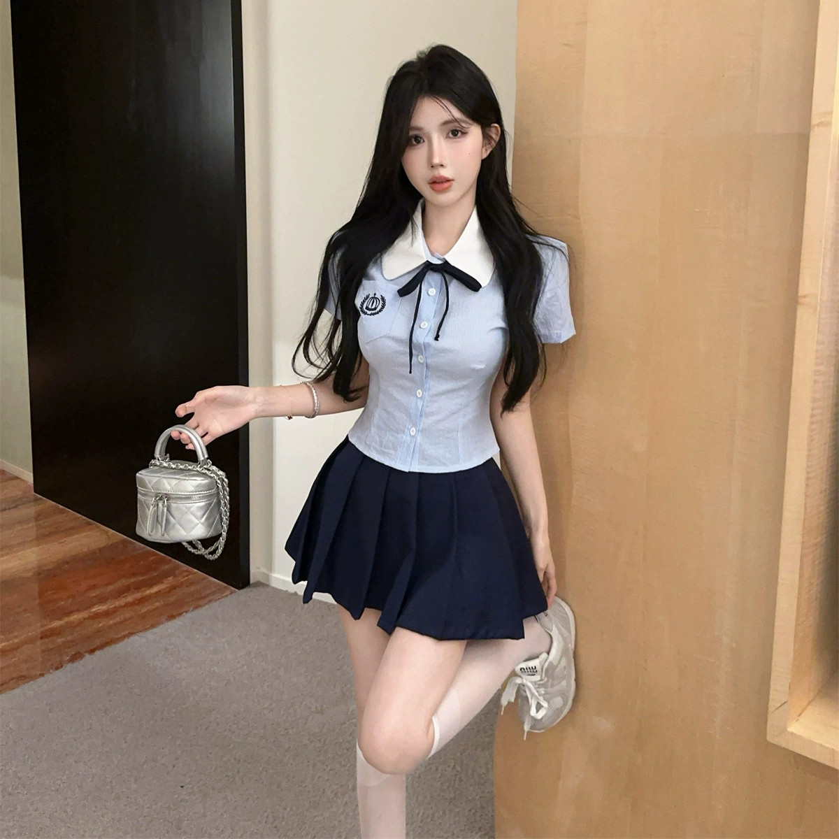 Корейская версия нишевых академий стиль плиссированная юбка набор пряная девушка jk галстук-бабочка топ с высокой талией, короткая юбка из двух частей