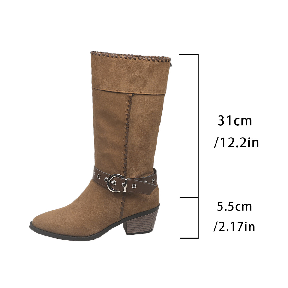 Women's High Top Suede Western Boots Belt Buckle Pointed Toe Mid Heel Riding Boot Plus Size Autumn New Style Black_voghion.com